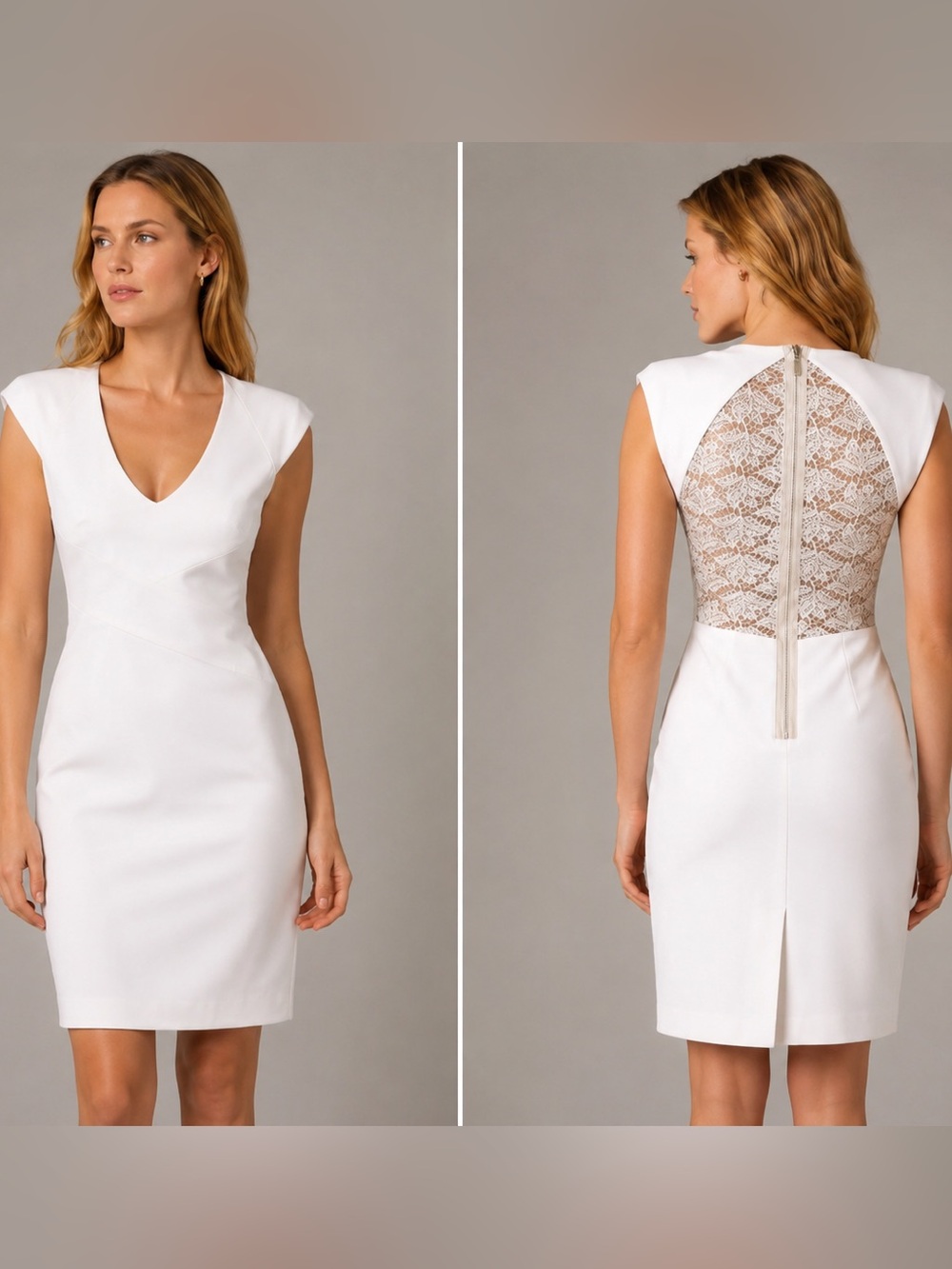 Black Halo White V‑Neck Sheath Dress with Lace Back